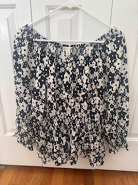 Cato Ladies Top Size L Black/White Floral Peasant Boho